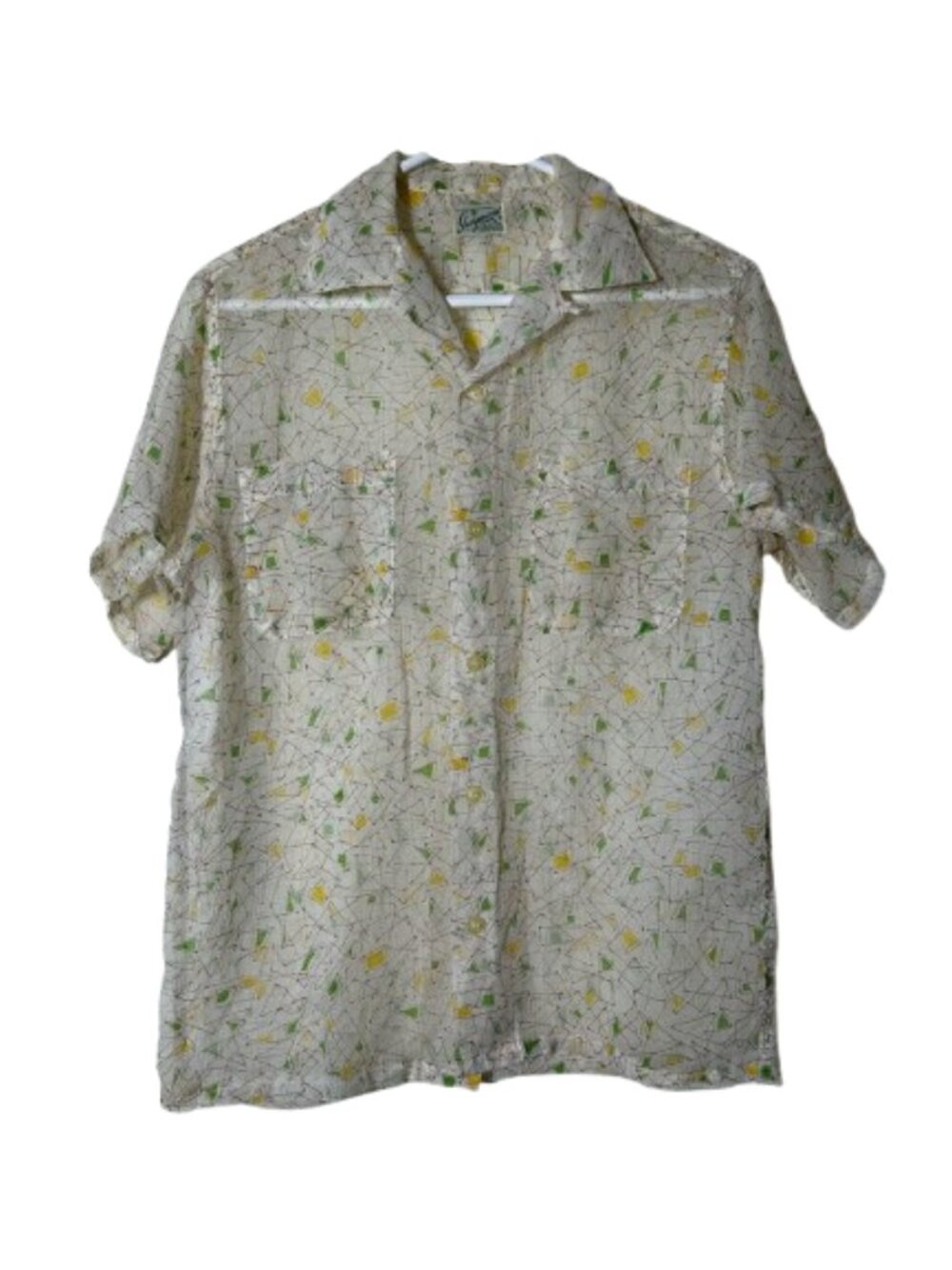 Vintage 50s Guymont retro geometric sheer mesh nylon button up men's S